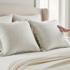 Vintage French Euro Sham Pillowcases Blue White Cotton Scalloped Edge Set